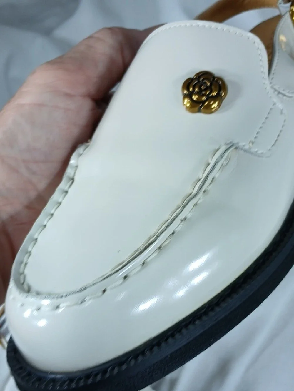 Girls' Cream Patent Slingback Loafers with Gold Rose Accent